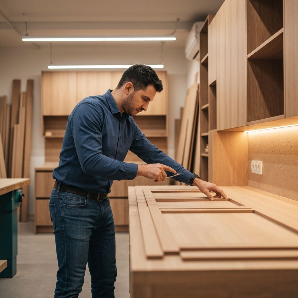 Professional carpenter designing wooden furniture in the workshop