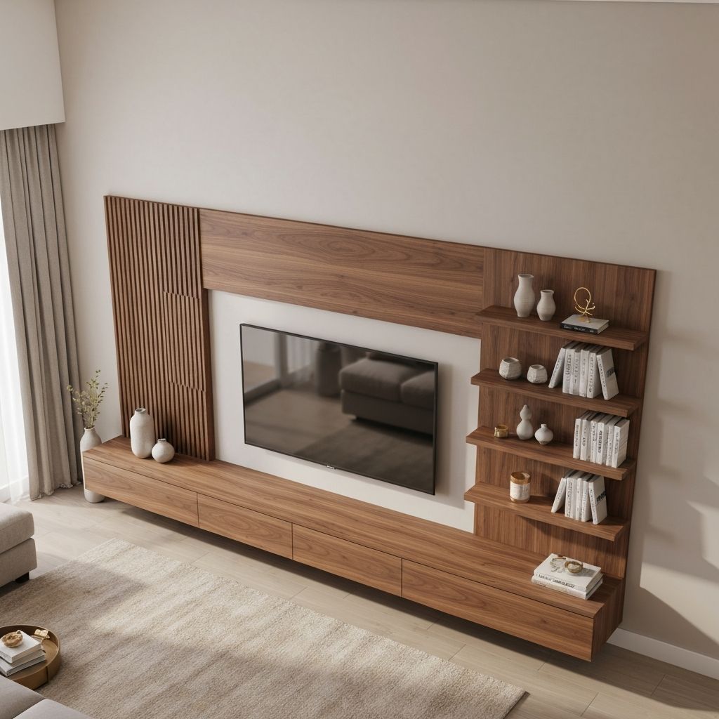 Wooden TV wall unit design in a modern Indian living room
